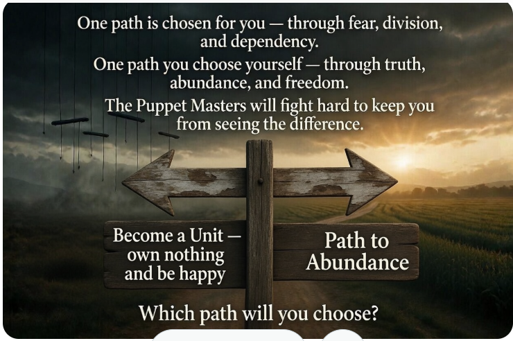 A fork in the road at dawn — one path chosen through fear and dependency, one chosen through truth and abundance. Which path will you choose?