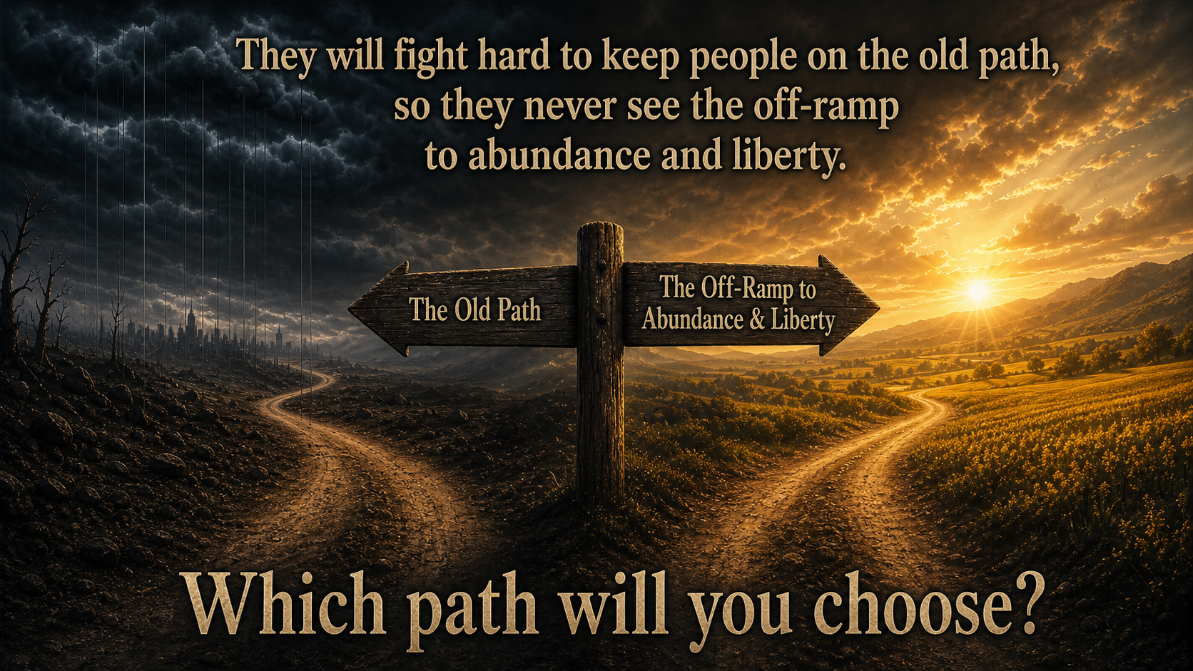 A signpost between the old path and the off-ramp to abundance and liberty, with the words Which path will you choose?